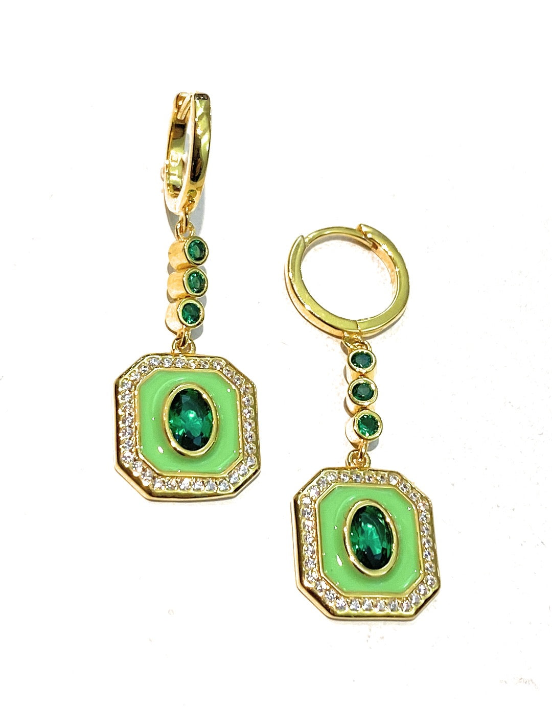 Orecchini pendenti Smalto verde Argento Sterling placcato Oro giallo zirconi verdi