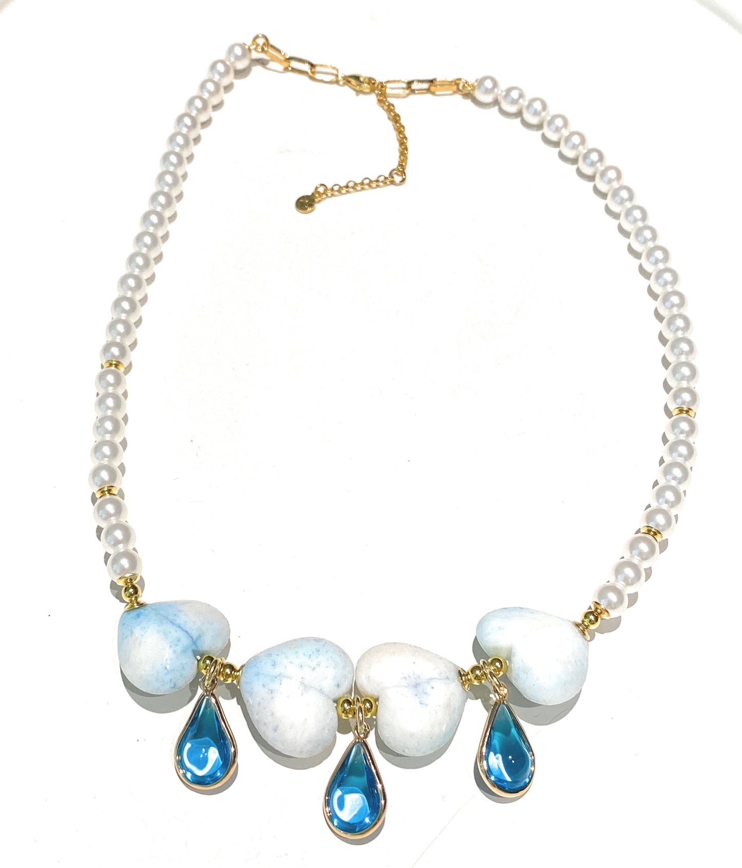 Collana choker perle centrale cuori gocce cristalli azzurri argento sterling