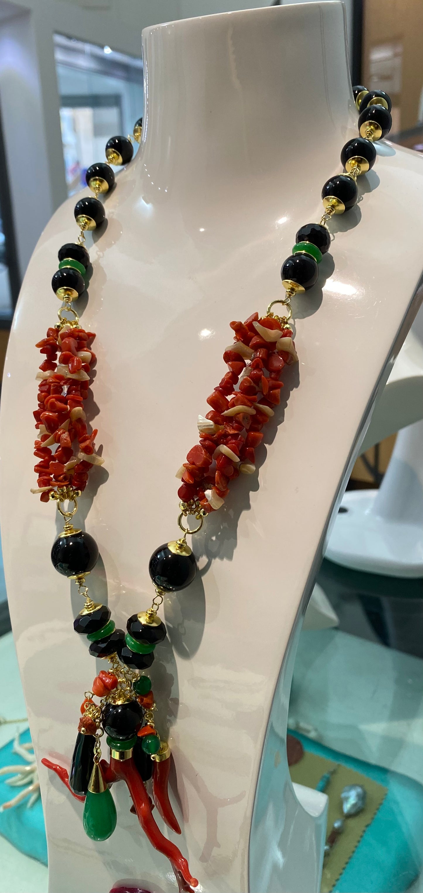 Collana agata verde corallo rosso frange onice lucido argento sterling
