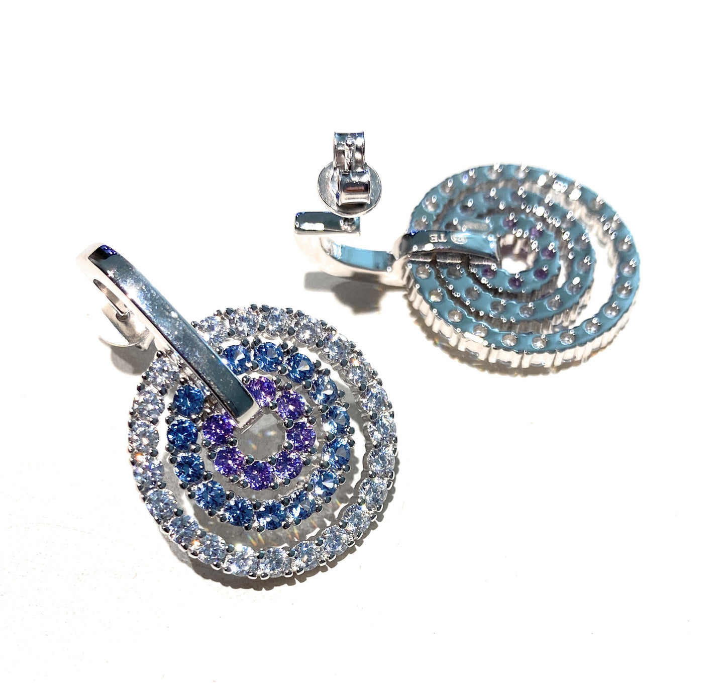 Orecchini Eleganti 3 cerchi concentrici Zirconi sfumature lilla blue Argento Sterling 925 farfallina