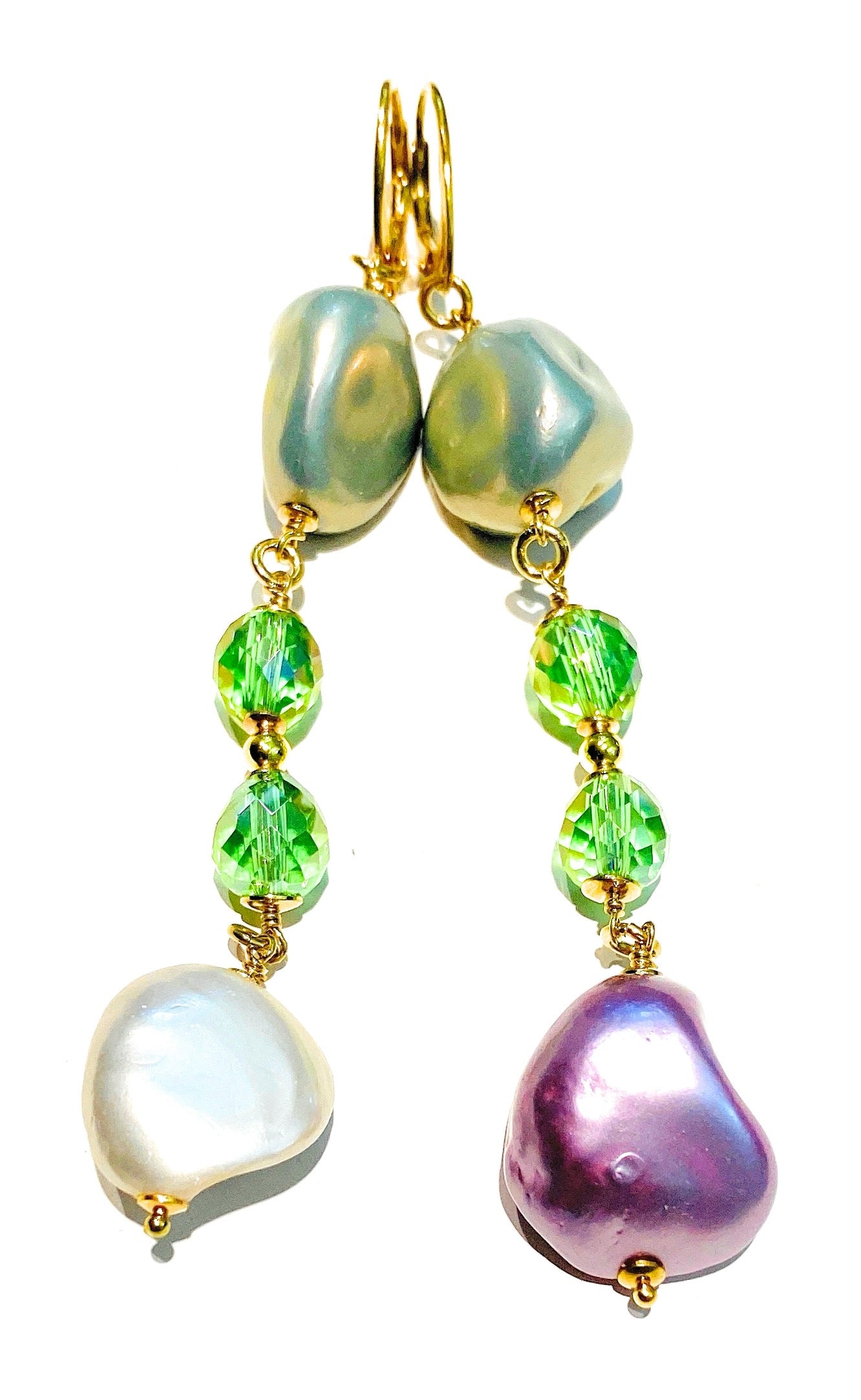 Orecchini con Perle di Maiorca Pastello e Cristalli Verdi – Argento 925 Galvanica Oro, diWa Jewels