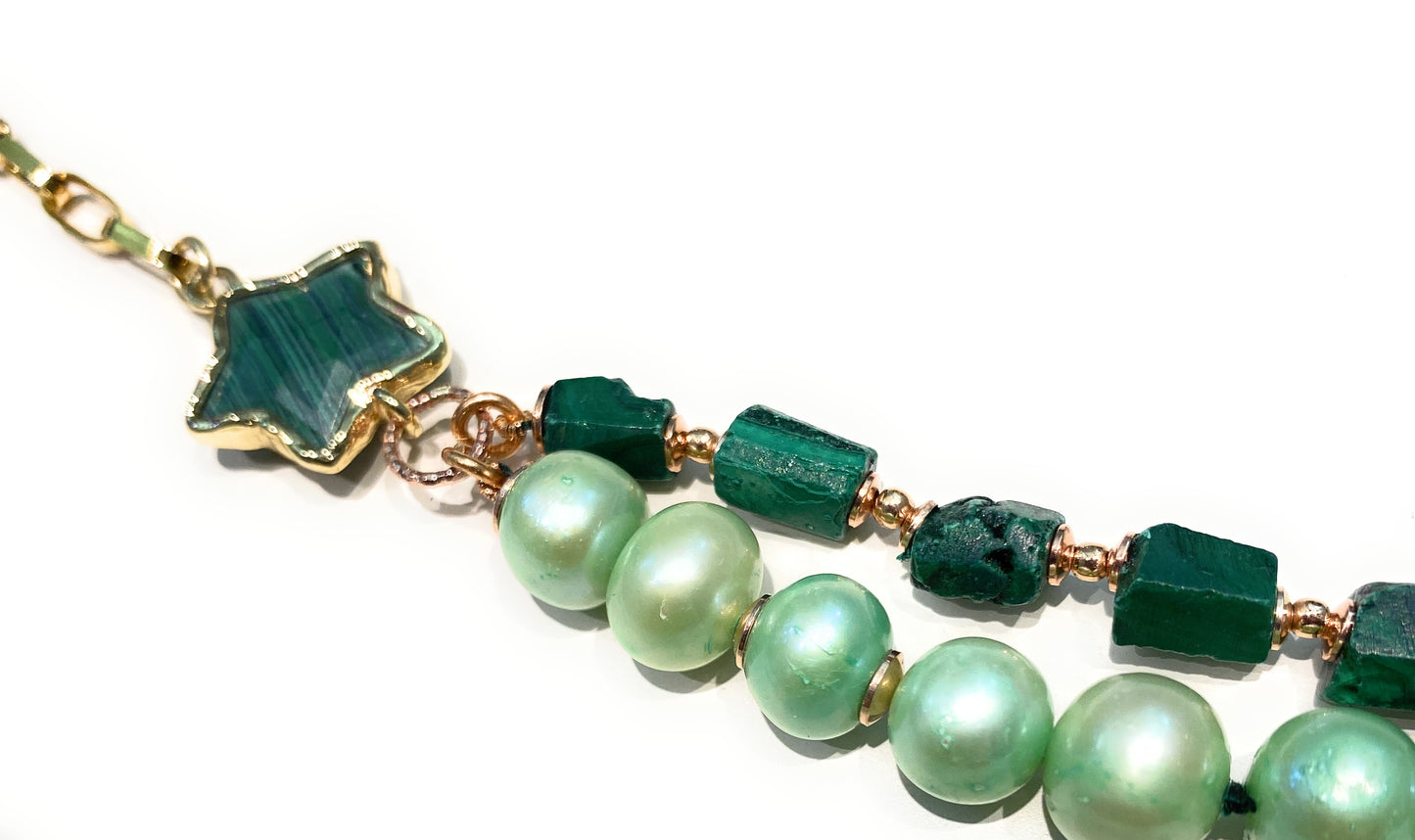 Collana malachite e stelle doppio filo con catena gold in argento sterling placcato oro giallo