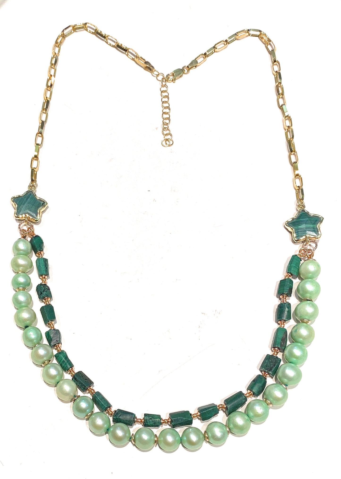 Collana malachite e stelle doppio filo con catena gold in argento sterling placcato oro giallo