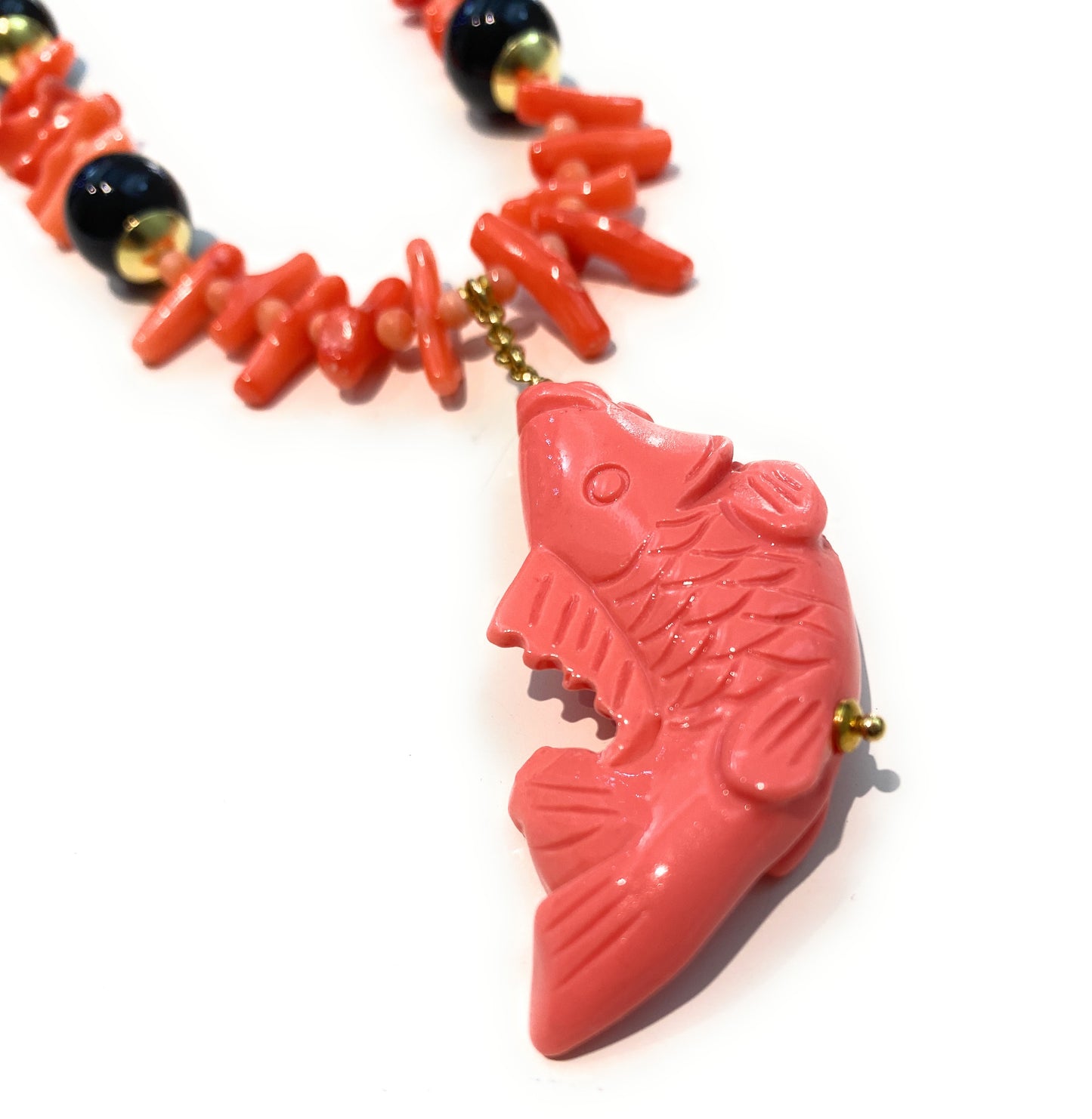 Collana choker corallo arancio naturale onice lucido ematite gold in argento sterling