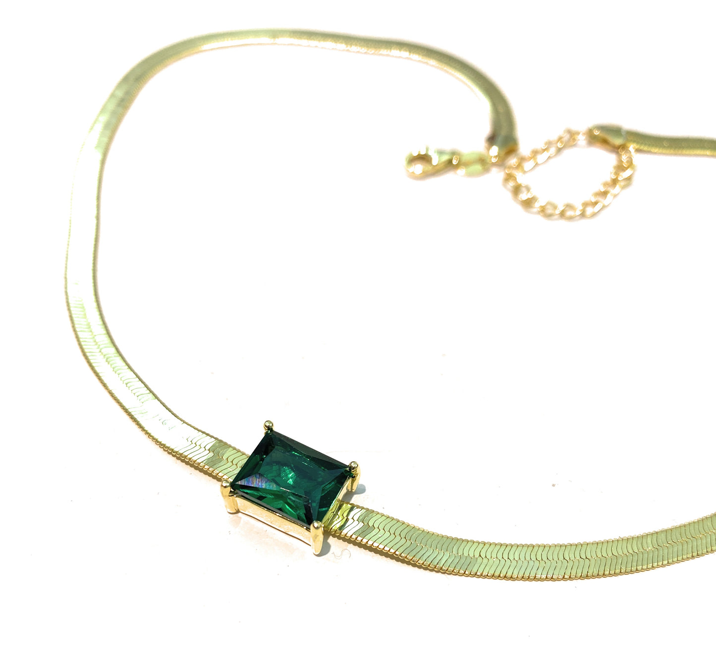 Collana Girocollo Maglia Piattina larga centrale zircone taglio Smeraldo regolabile