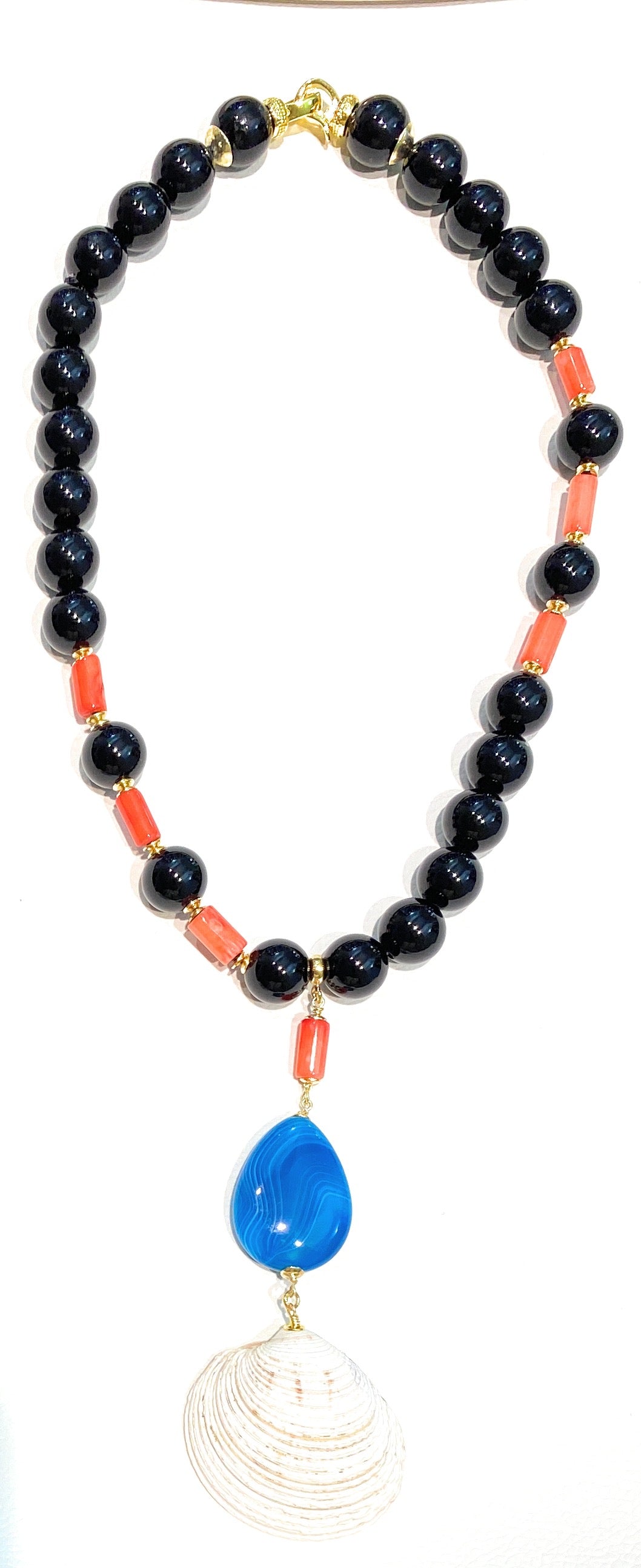 Collana diWa Jewels Onice Choker con Pendente Corallo bamboo Arancio Goccia Agata Striata azzurra argento sterling placcato oro giallo