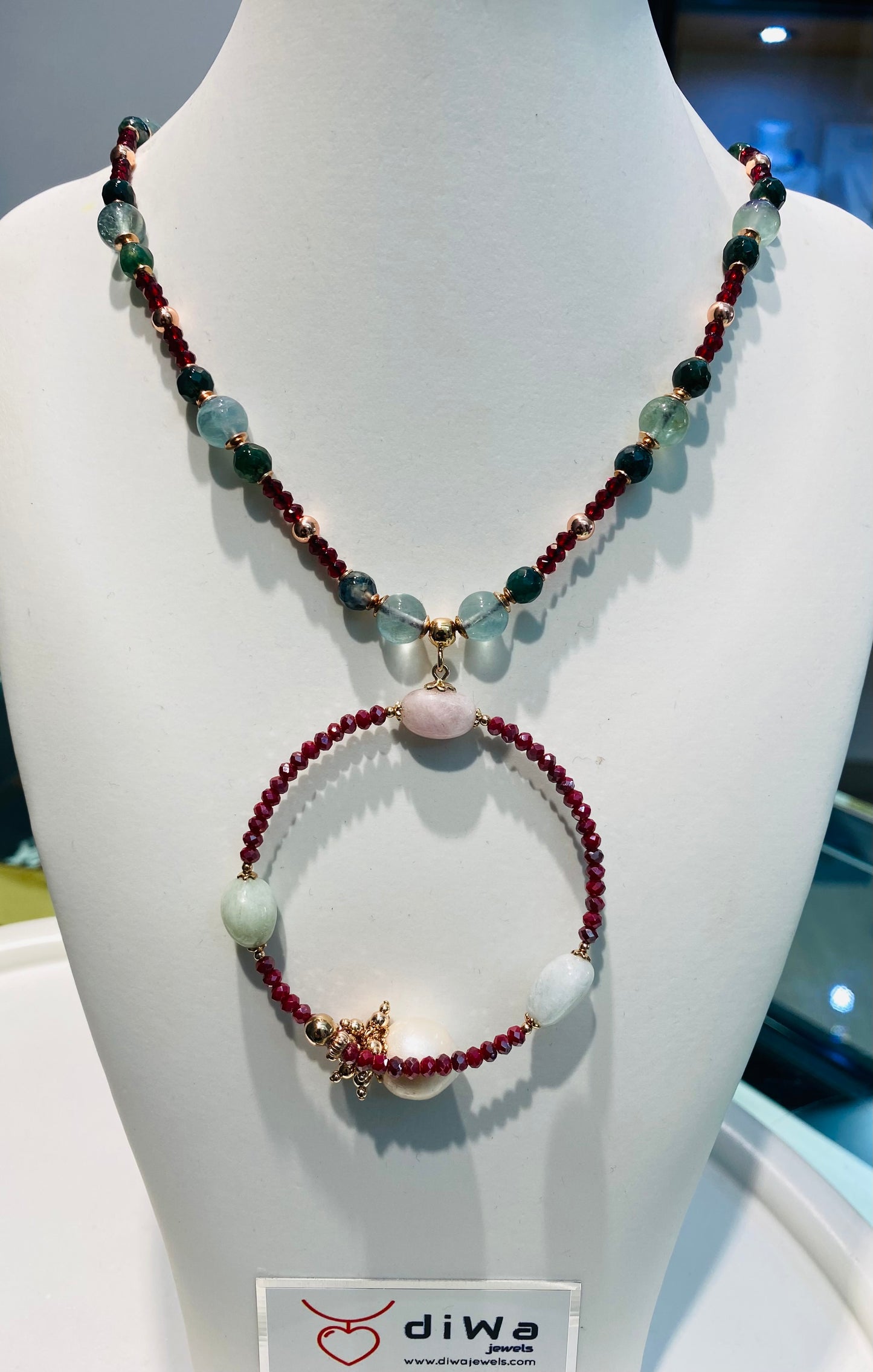 Collana diWa Jewels Argento Sterling Rosé con Pendente Cerchio Spinelli Tormalina e Perla Barocca
