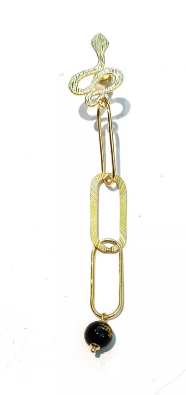 Mono Orecchino Pendente con Serpentino e Onice laserato oro – Bronzo Placcato Oro Giallo, diWa Jewels