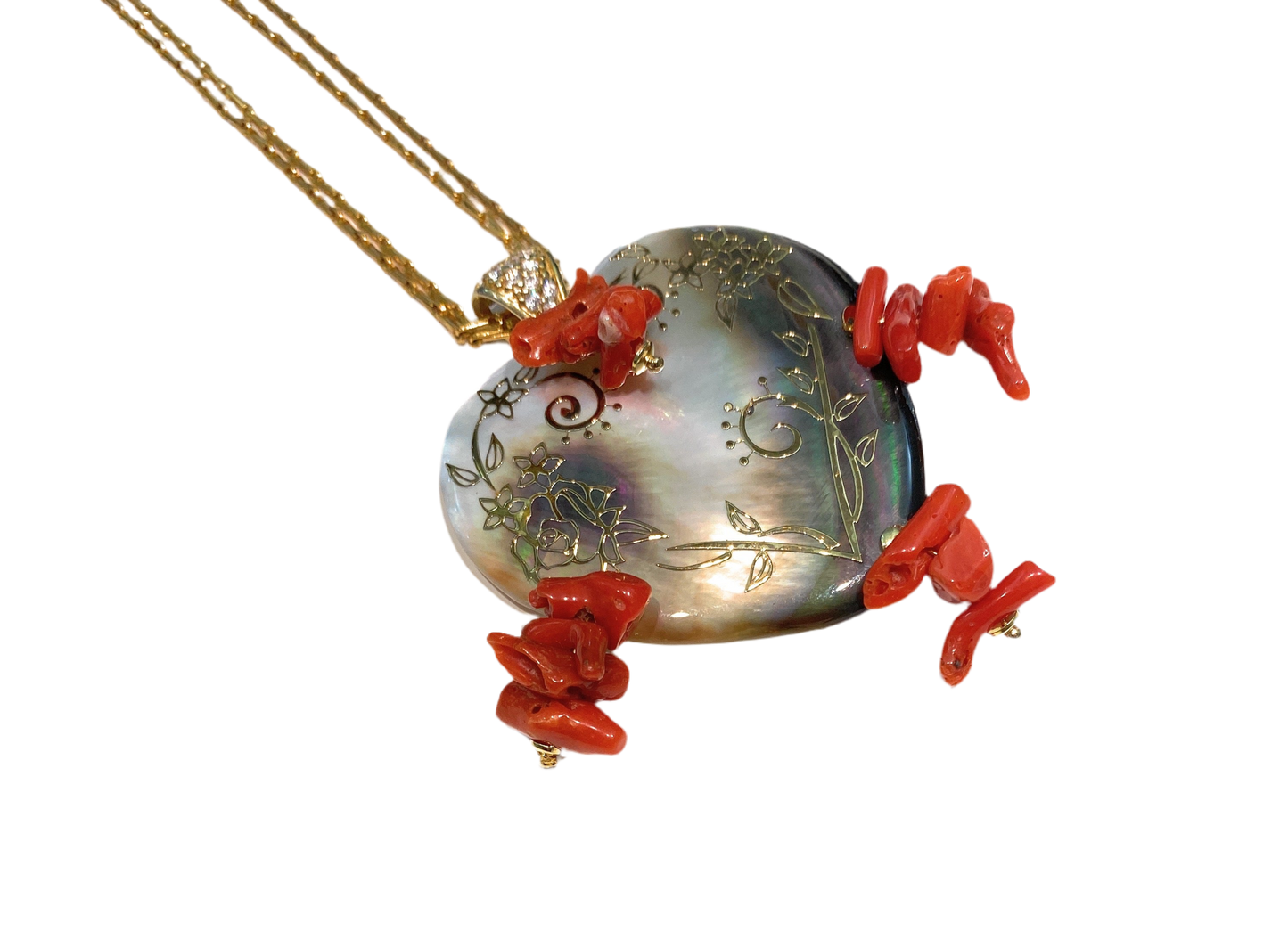 Collana Pendente Cuore diWa Jewels Corallo Rosso italiano con Cuore Madreperla tronchetti corallo ematite in argento sterling placcato oro giallo