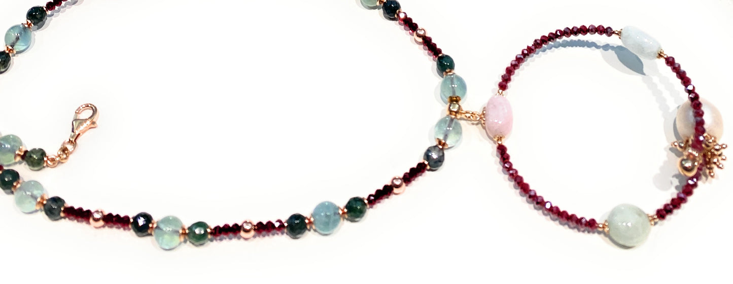 Collana diWa Jewels Argento Sterling Rosé con Pendente Cerchio Spinelli Tormalina e Perla Barocca