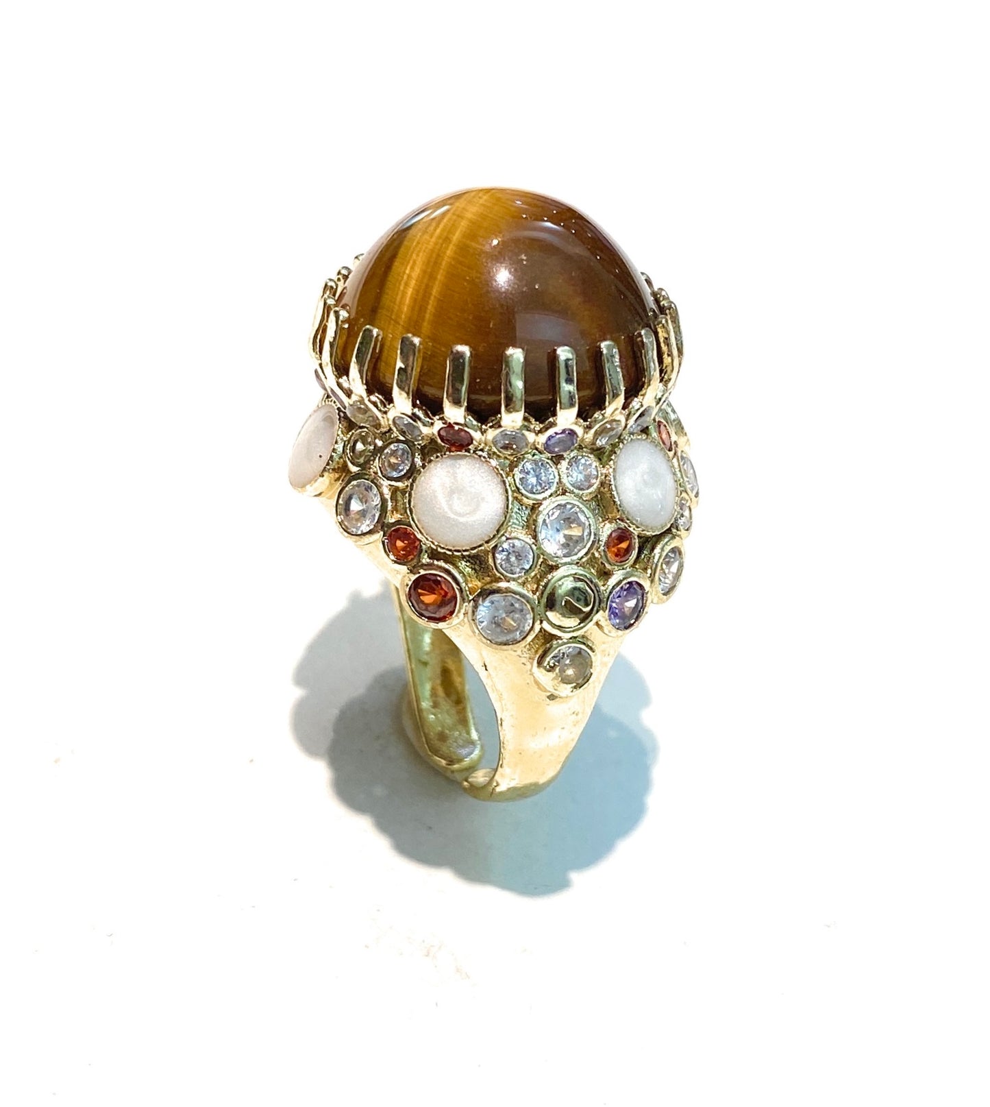 Anello Cocktail Cabochon Occhio di Tigre Galvanica Gialla e pietre dure Regolabile