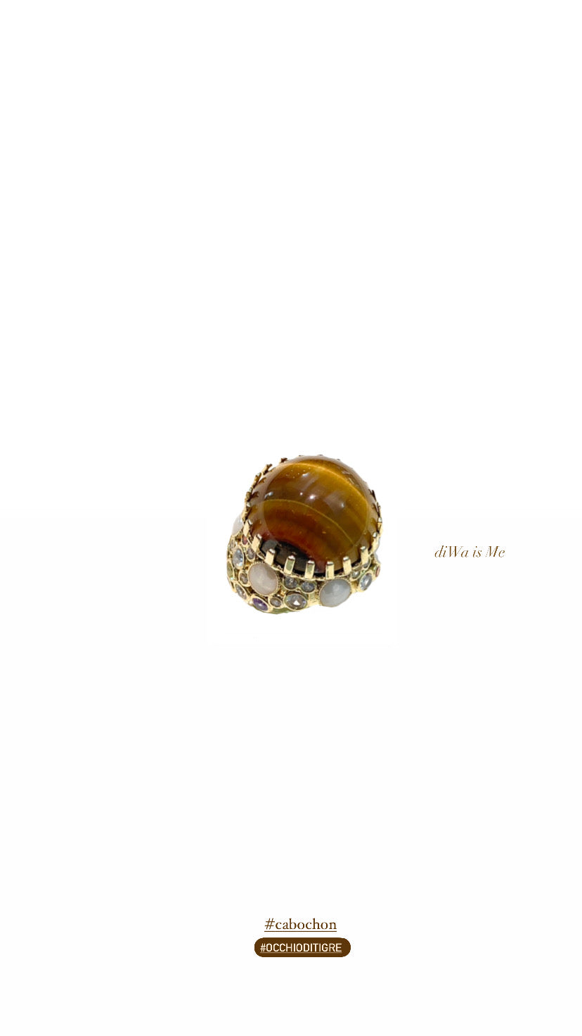 Anello Cocktail Cabochon Occhio di Tigre Galvanica Gialla e pietre dure Regolabile