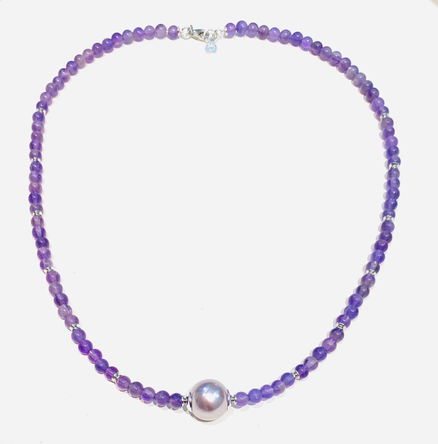 Collarino tipo choker ametista perla Maiorca lilla in argento sterling rodio bianco
