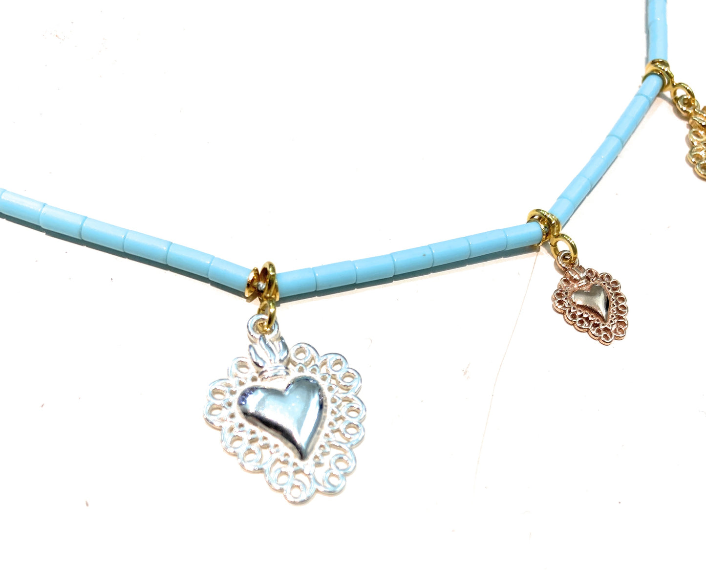 Collarino diWa Jewels tubetto pasta turchese catena alternata pietre semi preziose e ematite turchese argento sterling con charms cuore