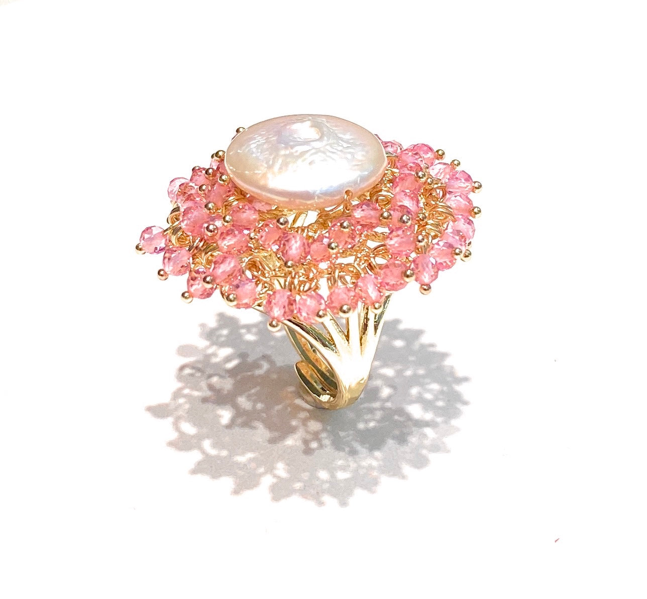 Anello Regolabile con Perla Freshwater e Pietre Azzurre Galvanica Oro