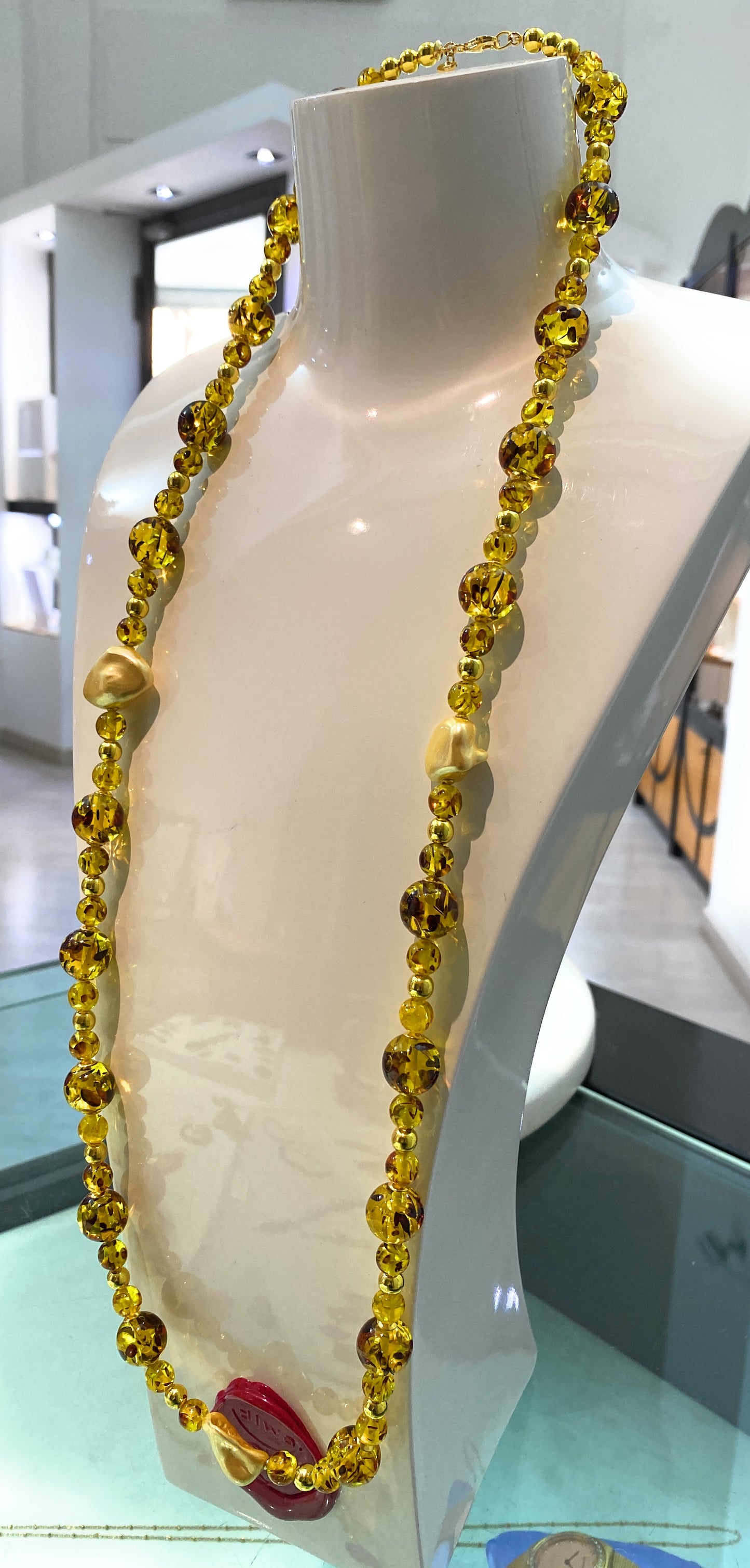 Collana Lunga diWa Jewels resina Ambra ematite e Perle Barocche gold argento sterling
