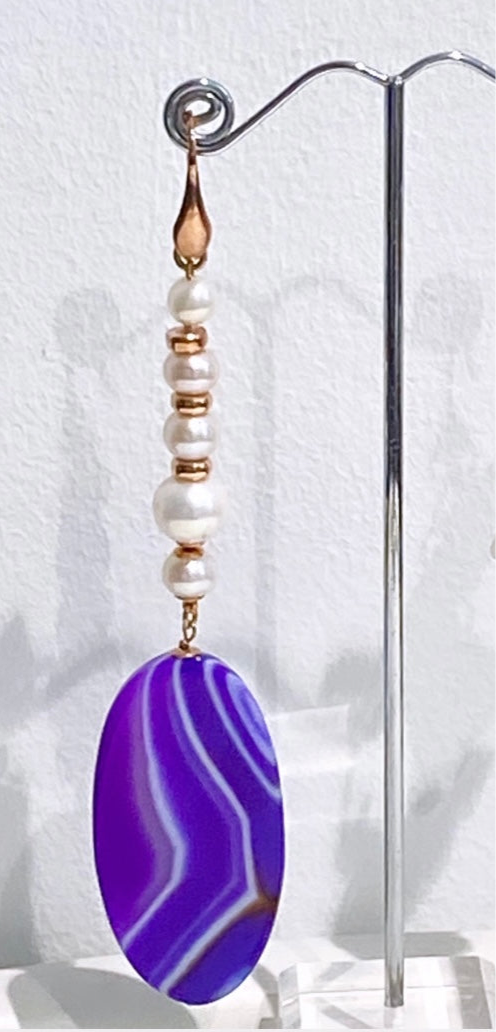Mono orecchino argento sterling 925 agata striata viola e perle fresh water
