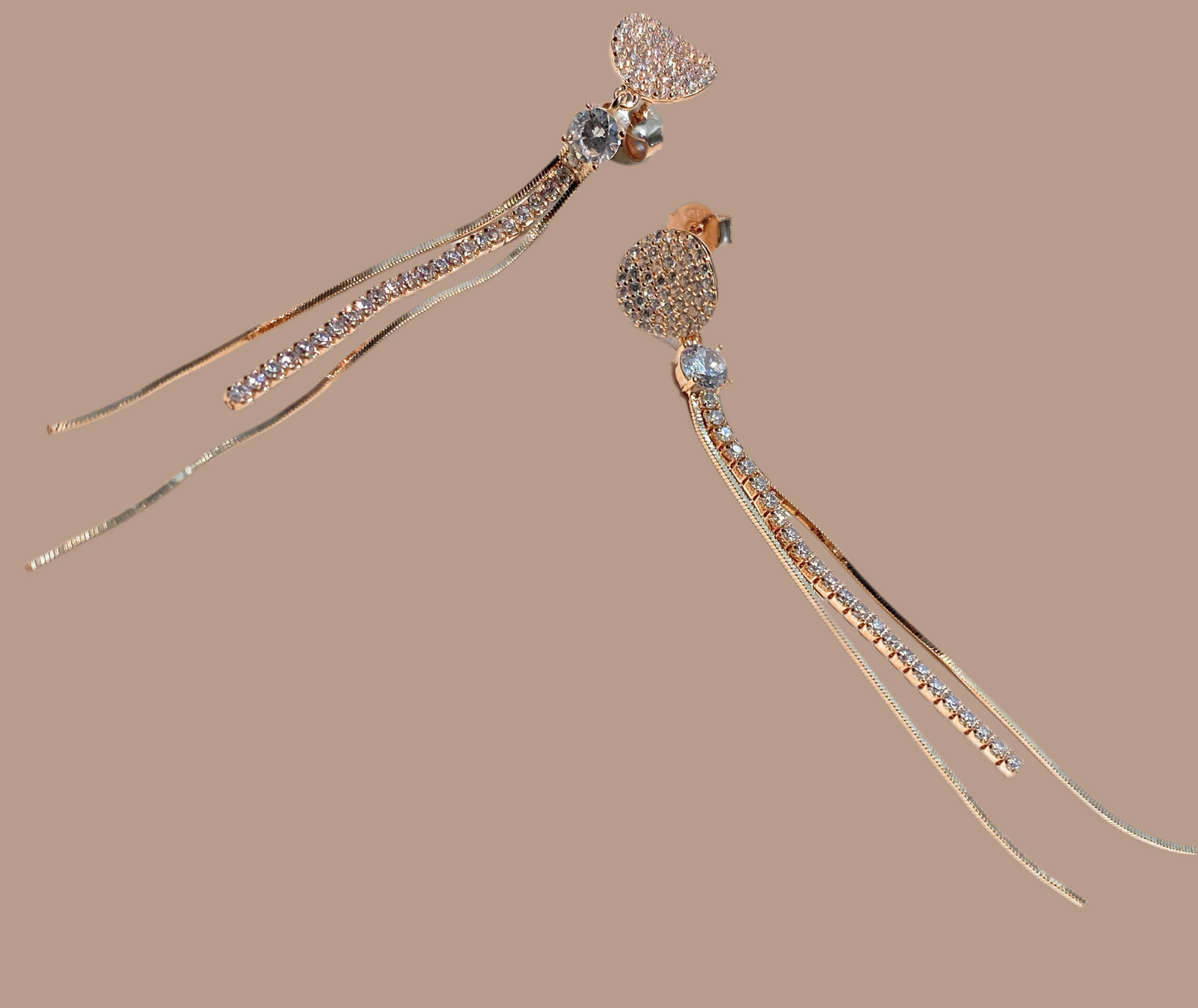 Orecchini cuore pavé rosé pendenti a filo e tennis farfallina argento sterling