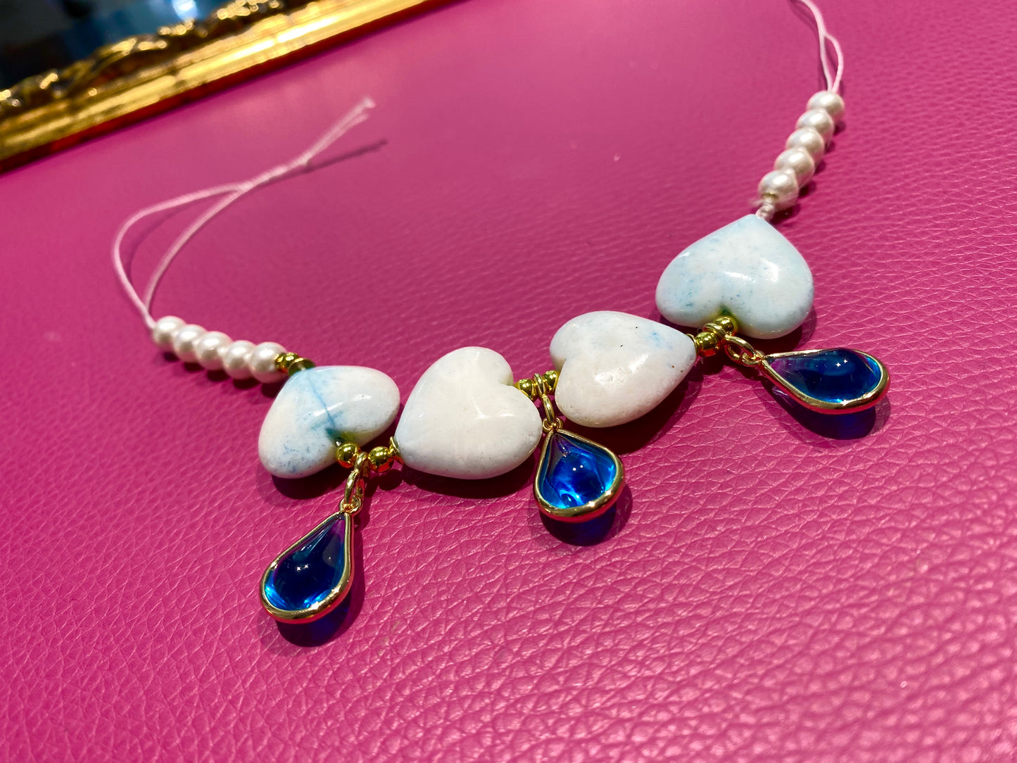 Collana choker perle centrale cuori gocce cristalli azzurri argento sterling