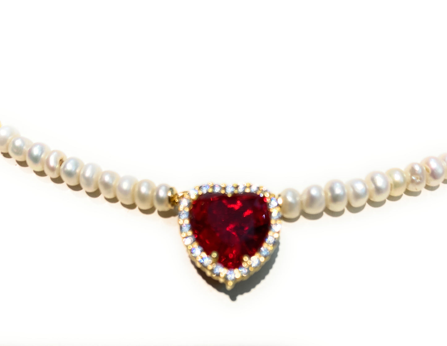 Collarino perle fresh water cipollina centrale cuore zircone rosso argento sterling