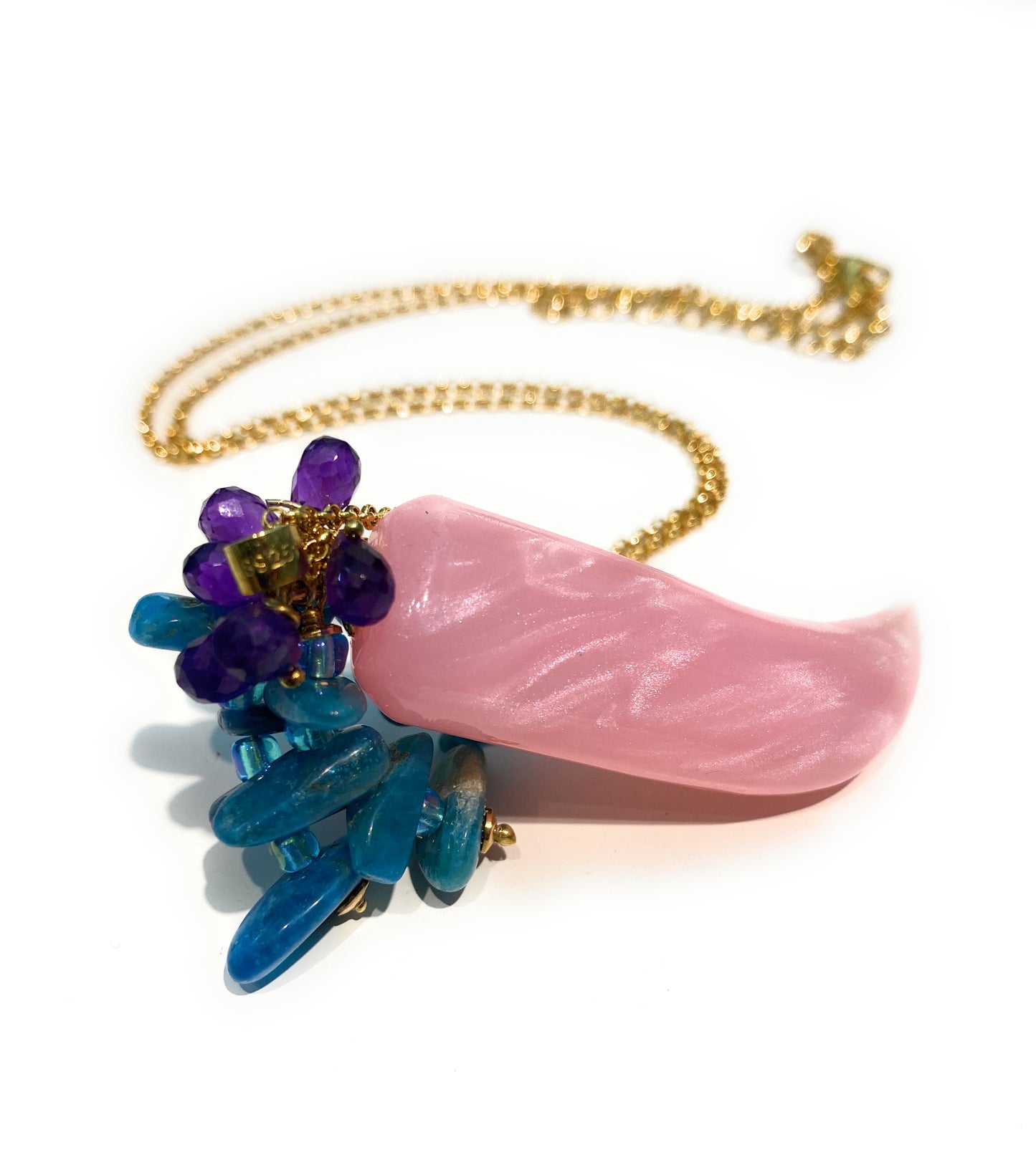 Collarino pendente corno madreperla rosa frange apatite azzurra gocce ametista maglia rolò argento sterling placcato oro giallo