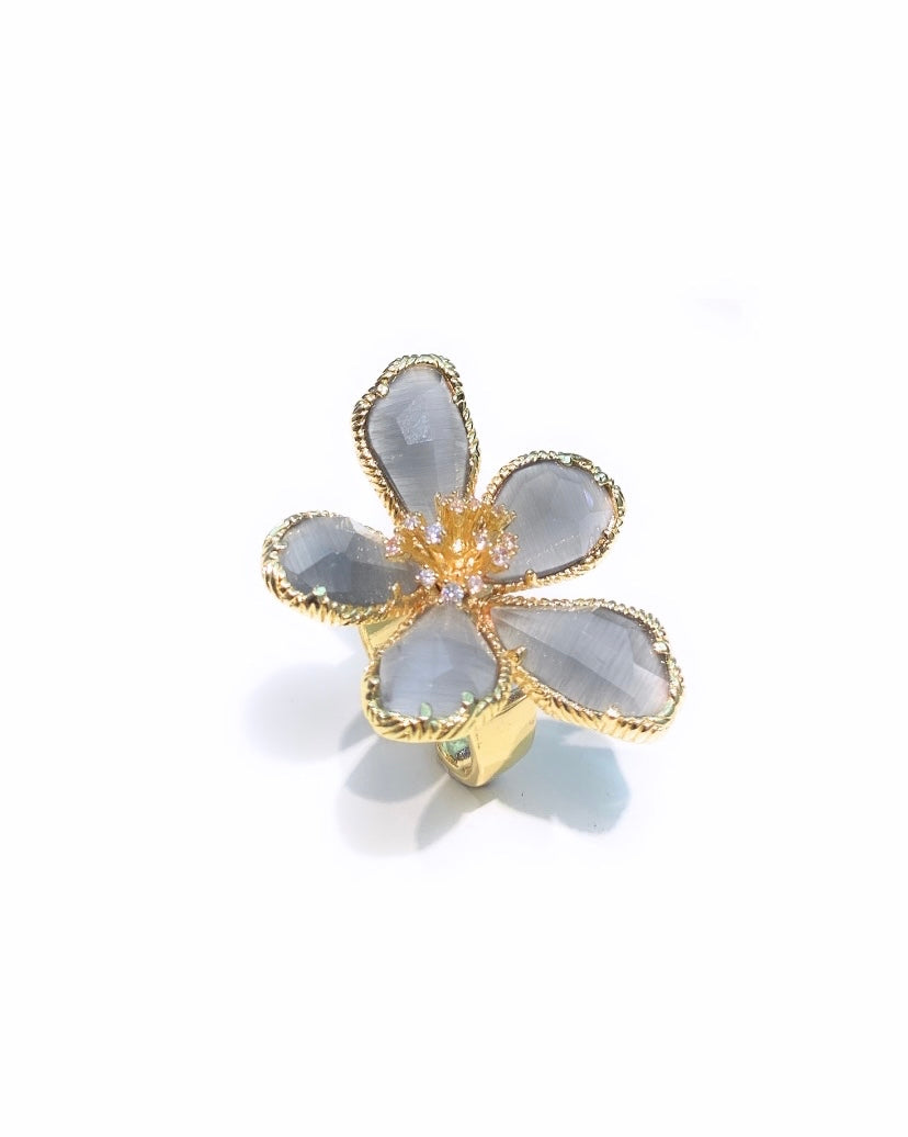 Anello fiore occhio gatto grigio bronzo placcato oro giallo
