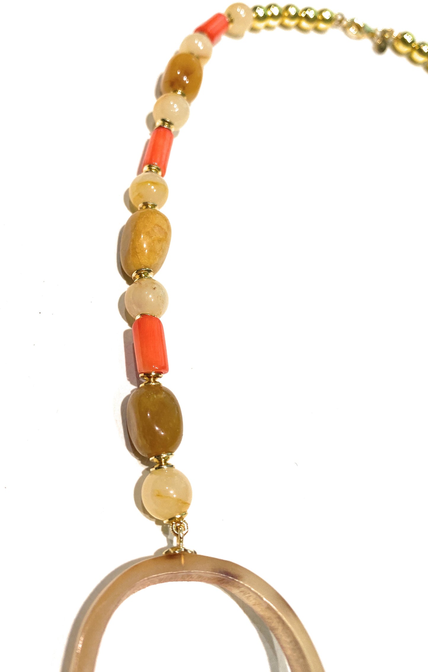 Collana corno bufalo sfumato giada gialla tonda e sassi corallo bamboo arancio argento sterling e ematite gold