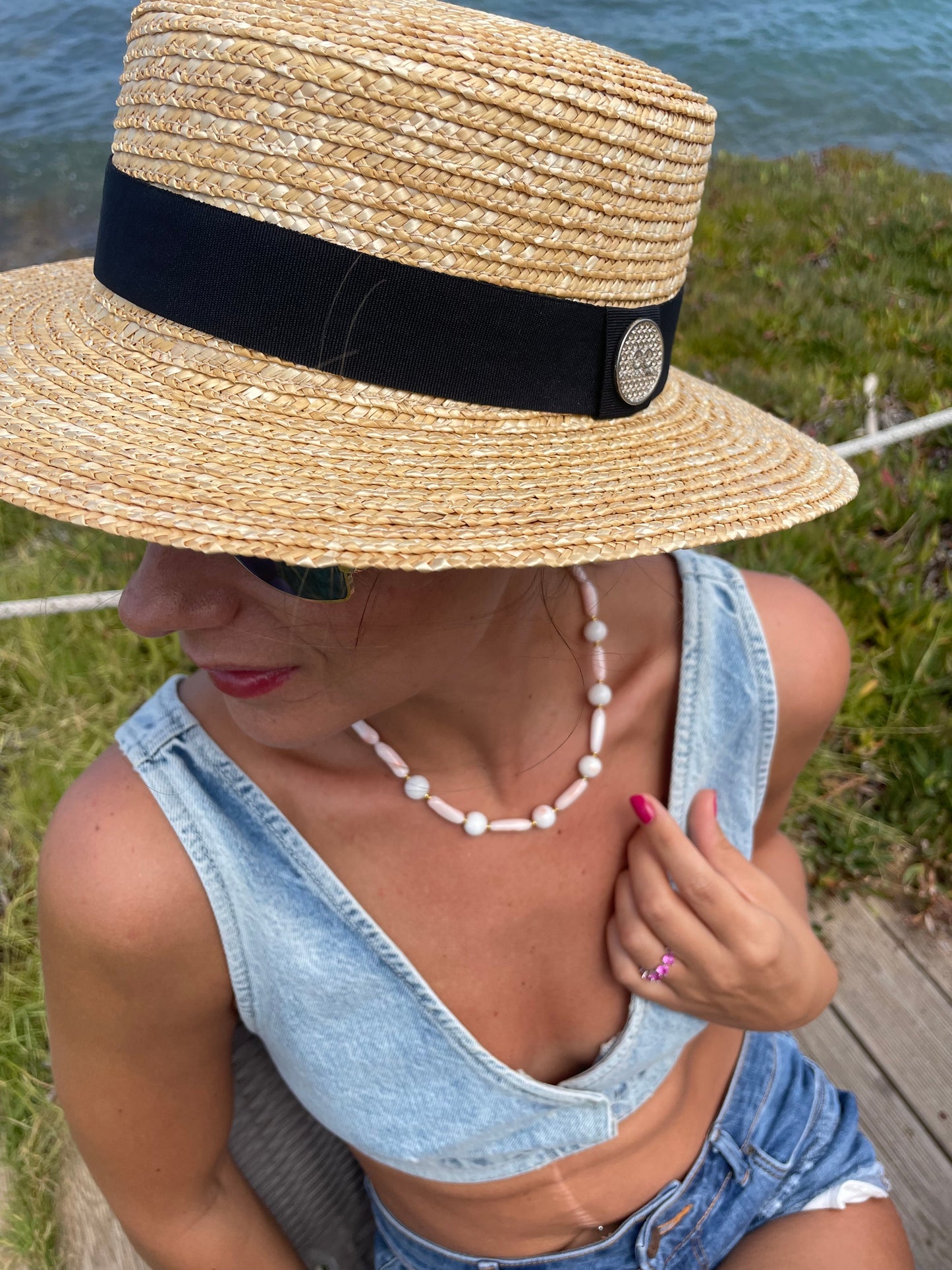 Collana corallo naturale sassi pallino tondo bianco rosato argento sterling placcato oro giallo