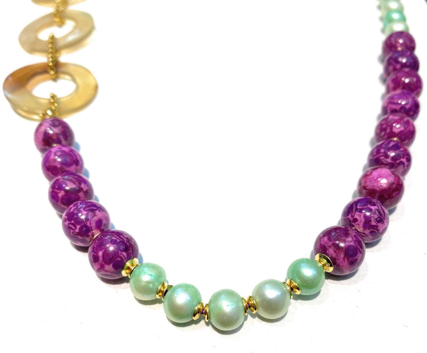 Collana diWa Jewels Agata Viola e Perle Verdi Corno ed Ematite Gold Argento Sterling placcato oro giallo