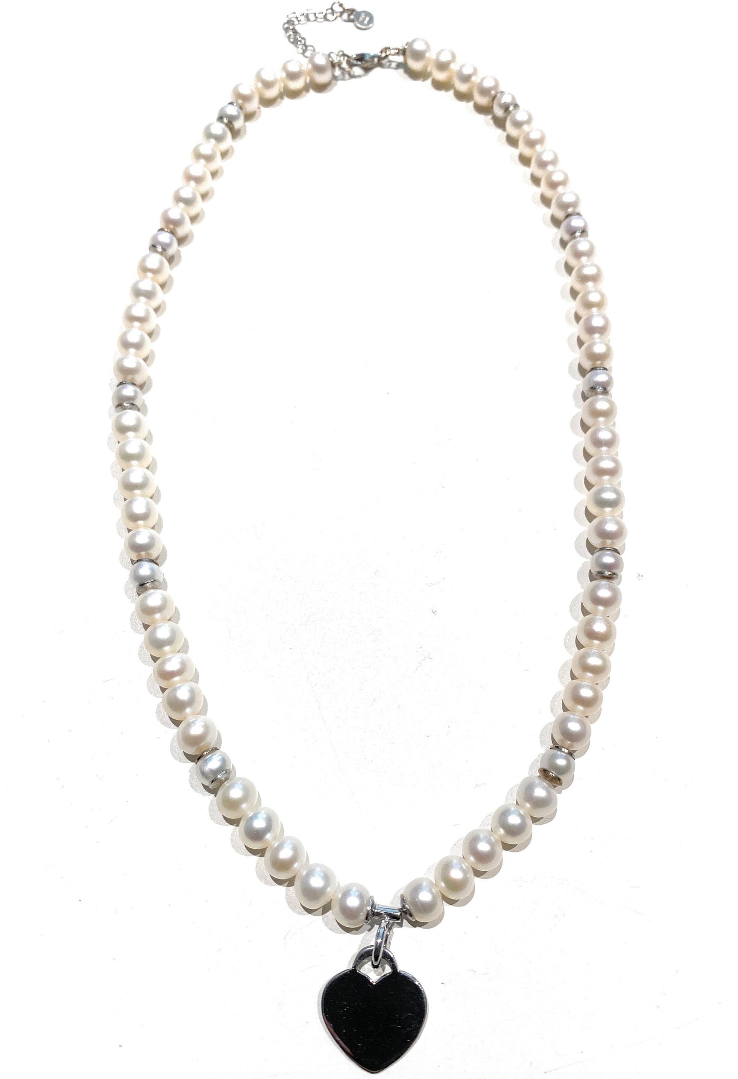 Collana Perle Freshwater e Cuore in Argento Sterling Rodio bianco Personalizzabile