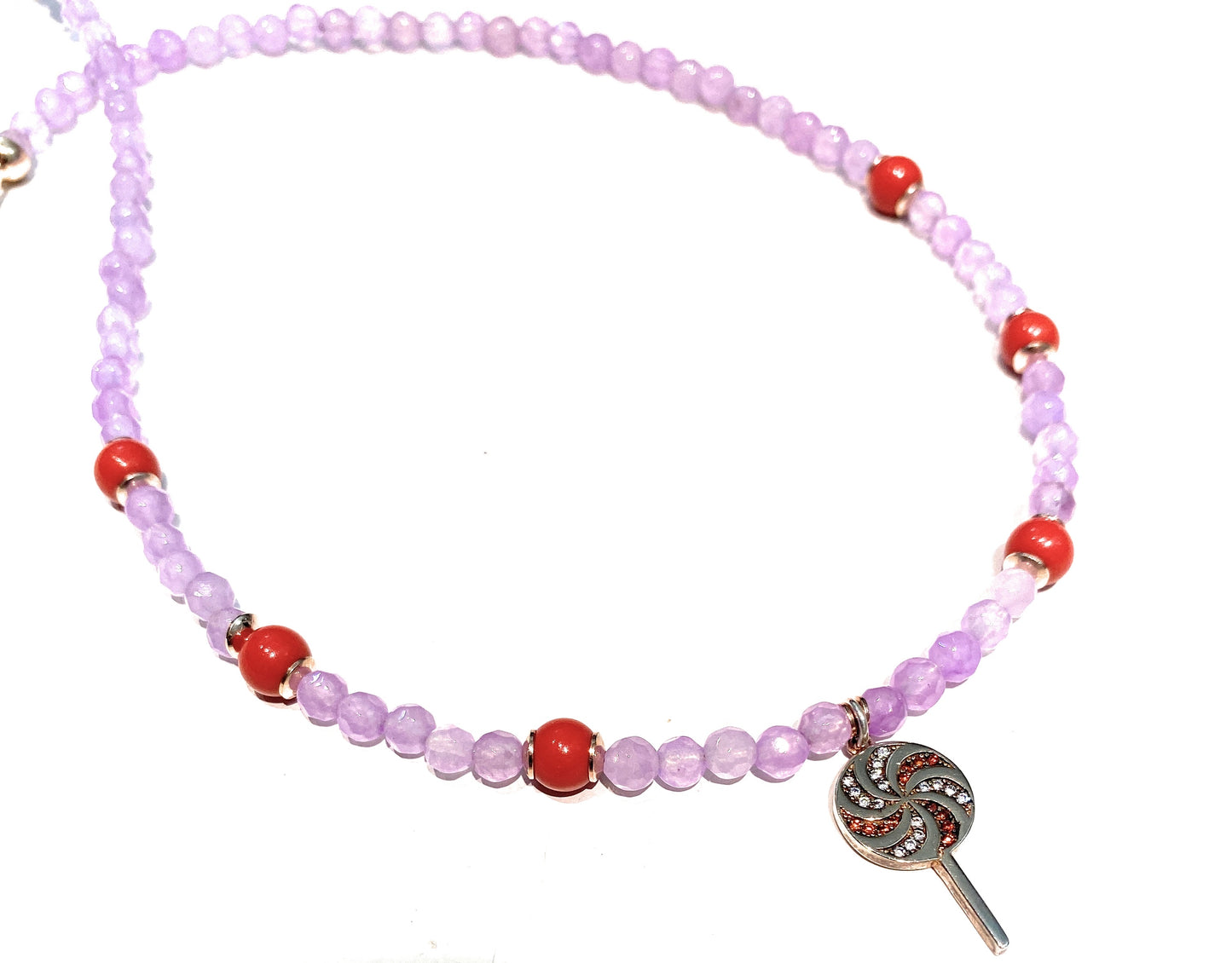 Collarino tipo choker pietre dure lilla e conchiglia arancio pendente chupa chupa argento sterling rosé zirconi colorati