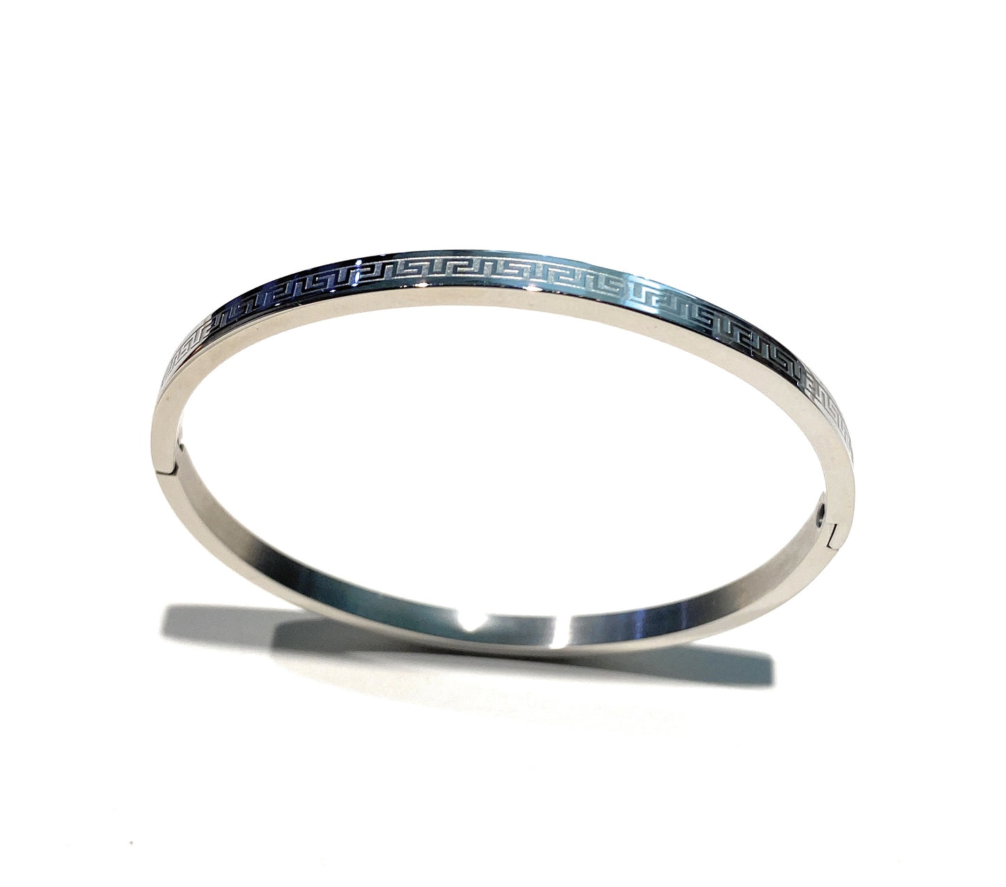 Bracciale rigido acciaio lucido con greca diametro cm 6 apribile