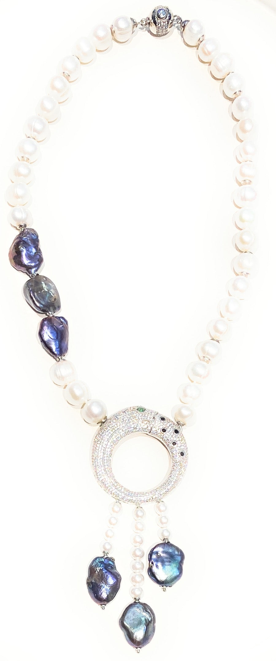 Collana perle barocche bianche e grigio viola in argento sterling centrale micro pavé