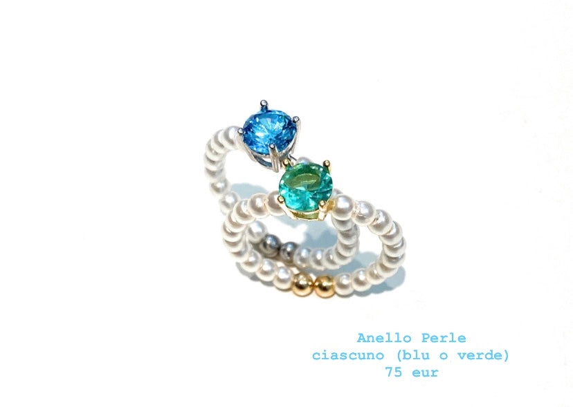 Anello con perline e zircone centrale colorato argento sterling rodio bianco