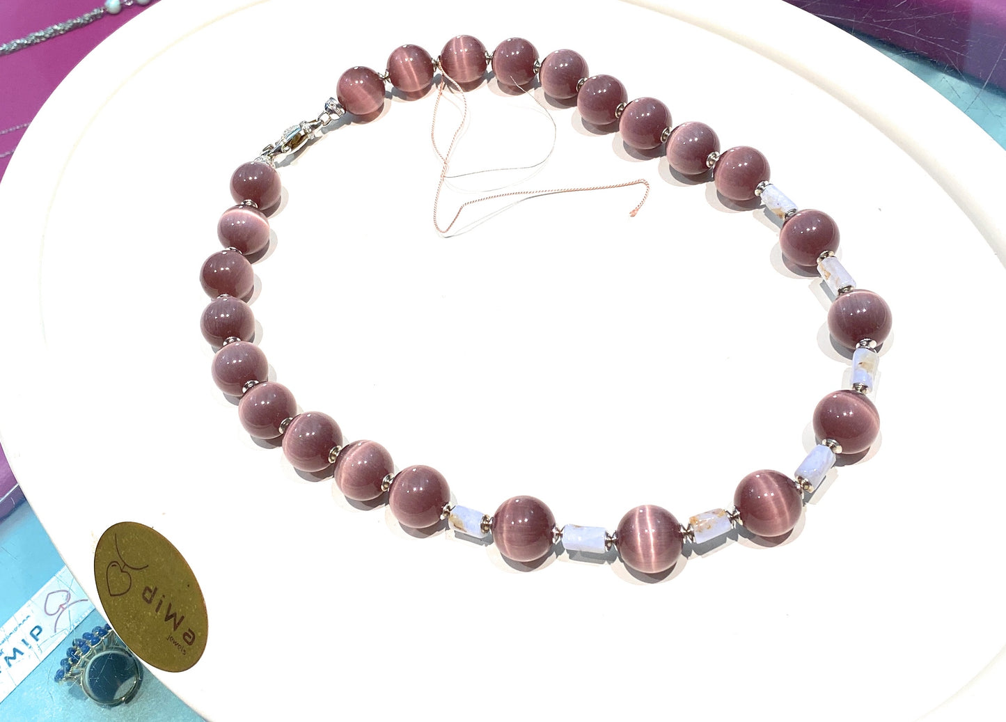 Collana diWa Jewels Occhio di Gatto Visone e Calcedonio grezzo cilindro Argento Sterling