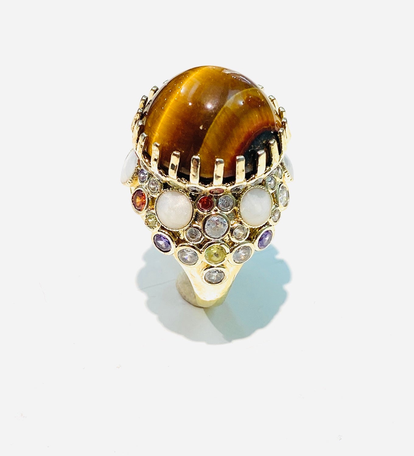 Anello Cocktail Cabochon Occhio di Tigre Galvanica Gialla e pietre dure Regolabile