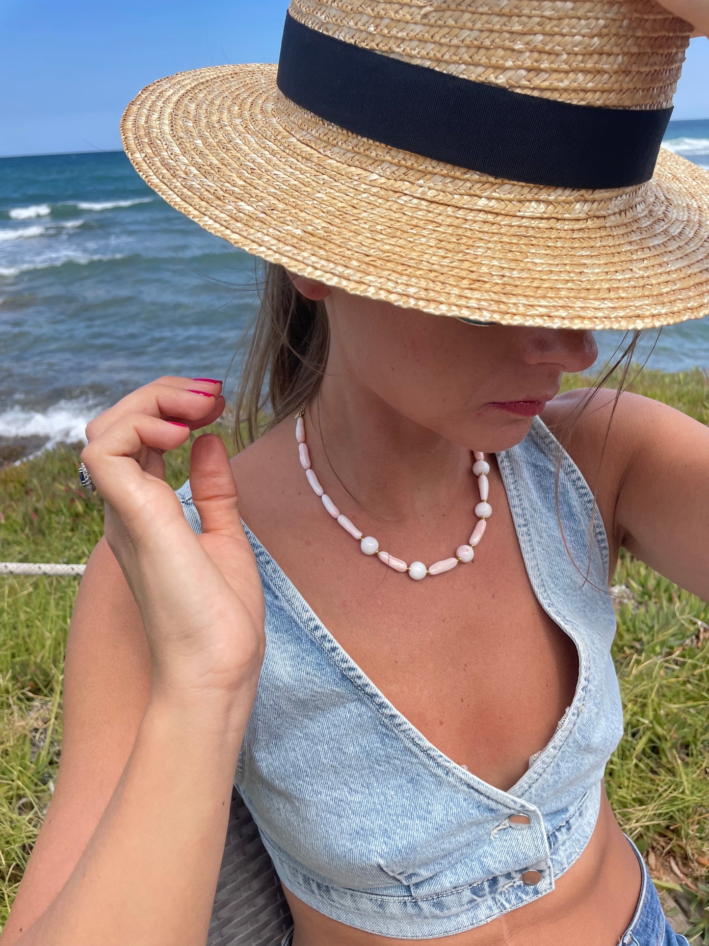 Collana corallo naturale sassi pallino tondo bianco rosato argento sterling placcato oro giallo