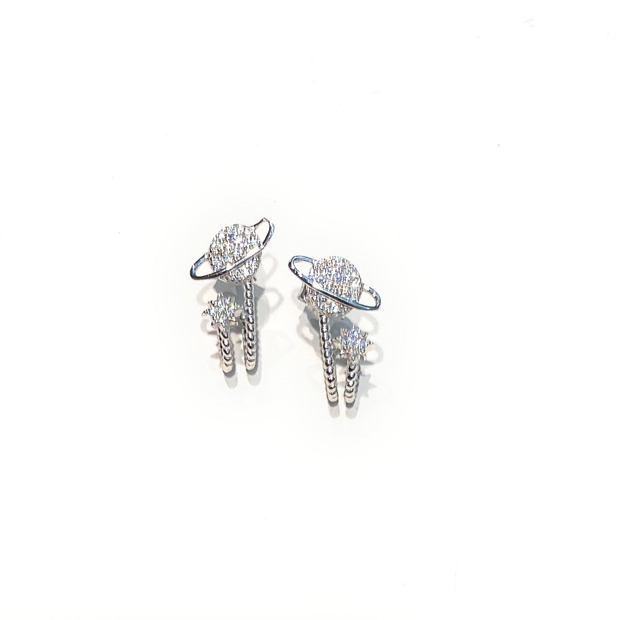 Orecchini a lobo Saturno e stelle argento sterling zirconi rodio bianco