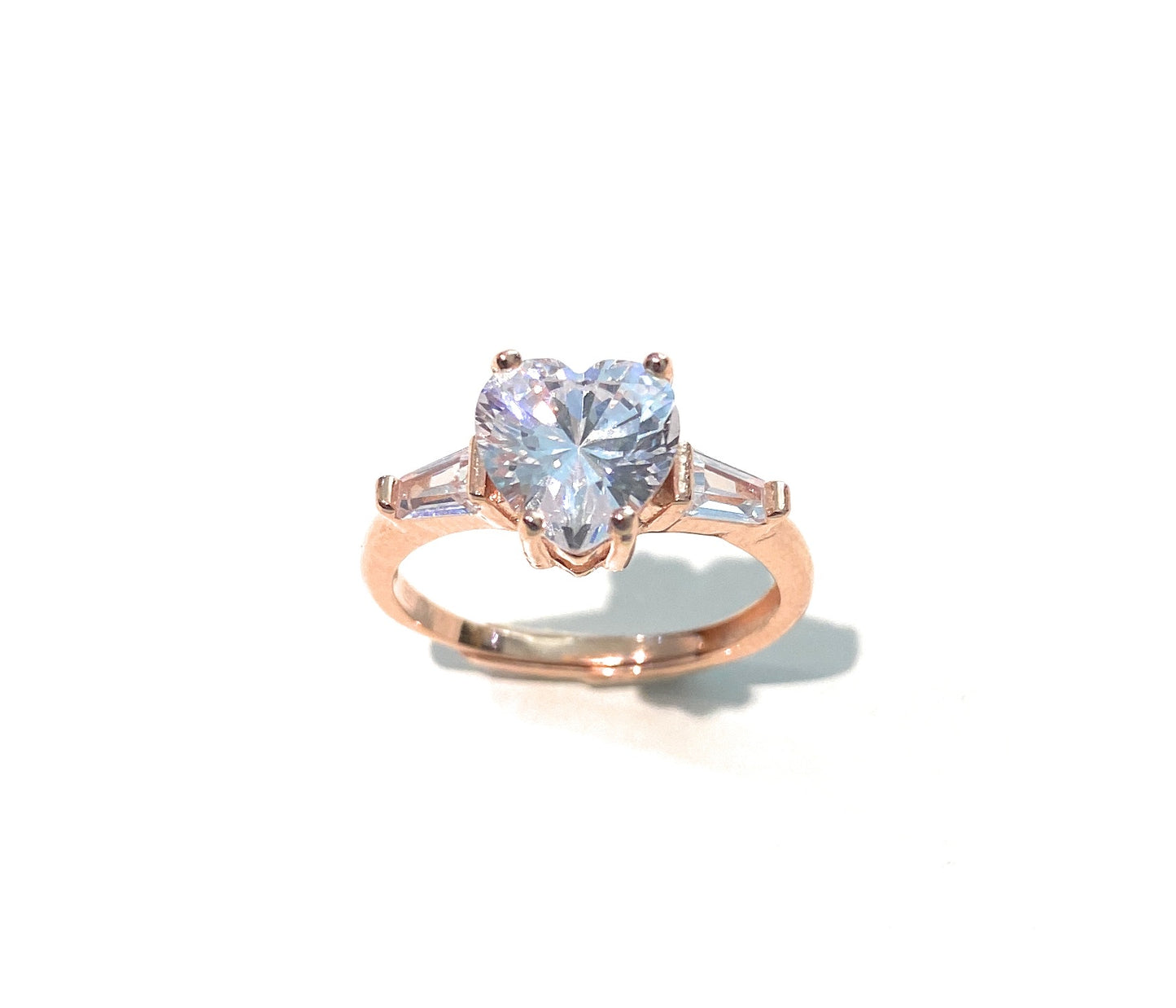 Anello solitario con contorno argento sterling rosé zircone cuore e baguette regolabile