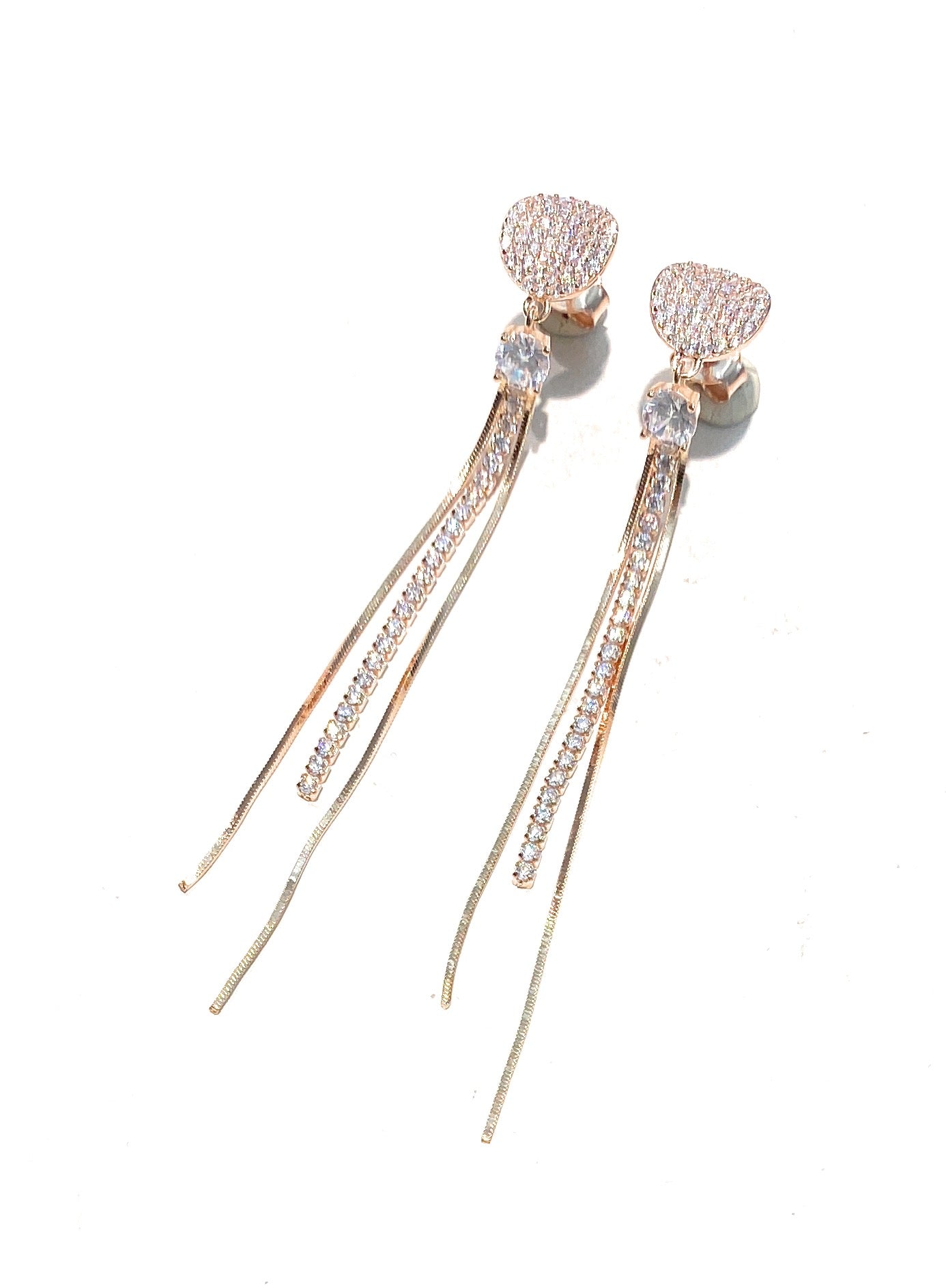 Orecchini cuore pavé rosé pendenti a filo e tennis farfallina argento sterling