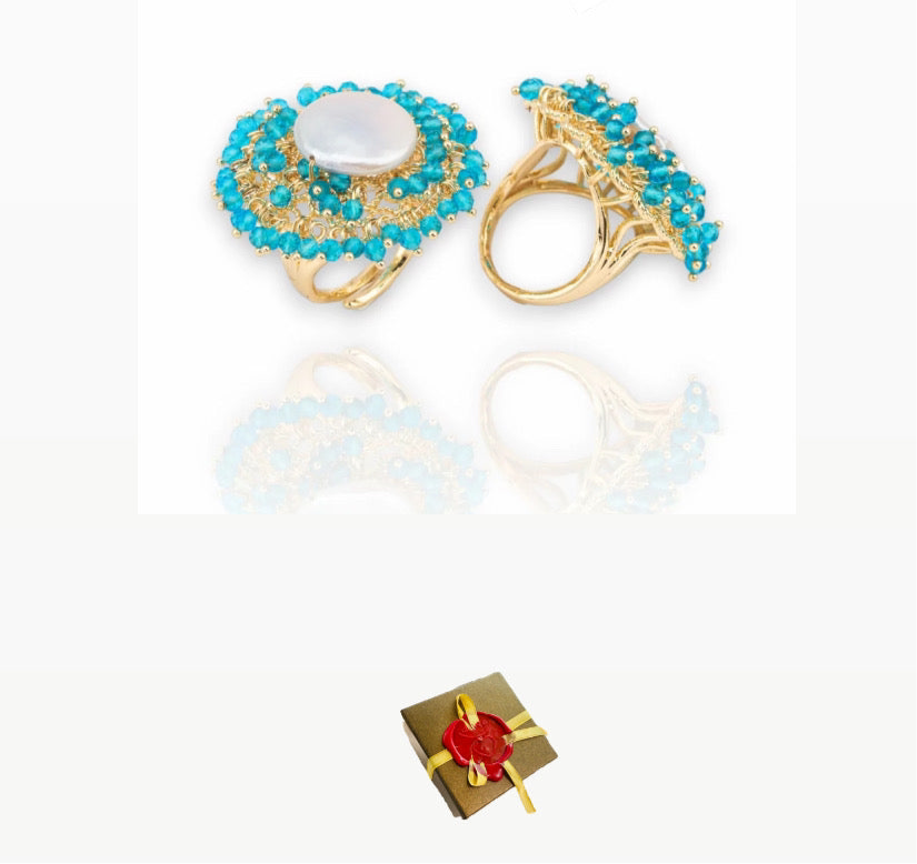 Anello Regolabile con Perla Freshwater e Pietre Azzurre Galvanica Oro