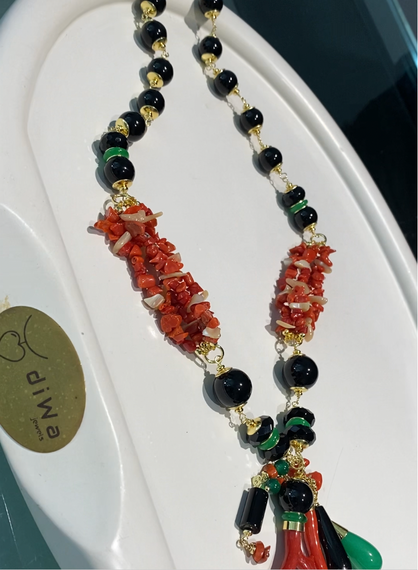Collana agata verde corallo rosso frange onice lucido argento sterling