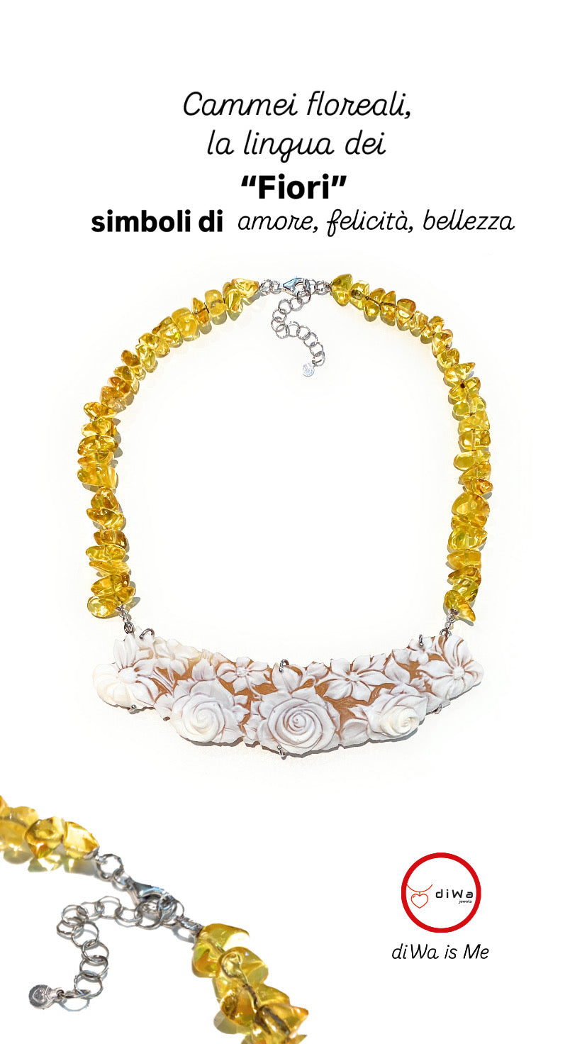 Collana Choker in Ambra Baltica Naturale e Cammeo Floreale – Argento 925, diWa Jewels