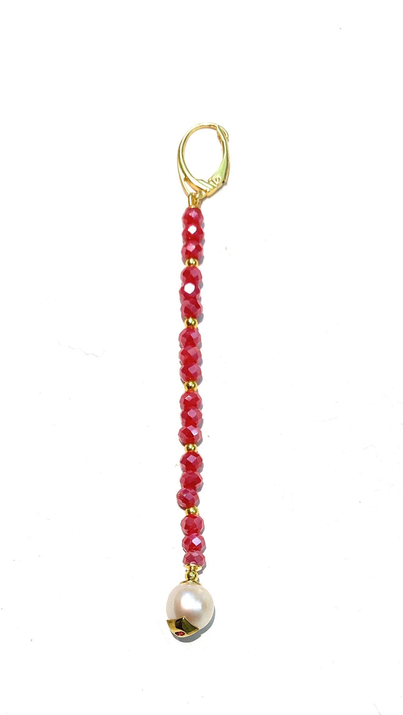 Mono orecchino pendente a filo cristalli rossi perla bianca Maiorca monachella argento sterling placcato oro giallo