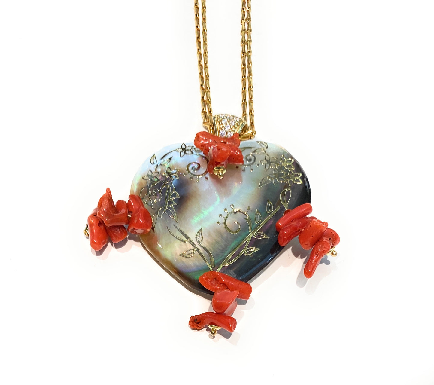 Collana Pendente Cuore diWa Jewels Corallo Rosso italiano con Cuore Madreperla tronchetti corallo ematite in argento sterling placcato oro giallo
