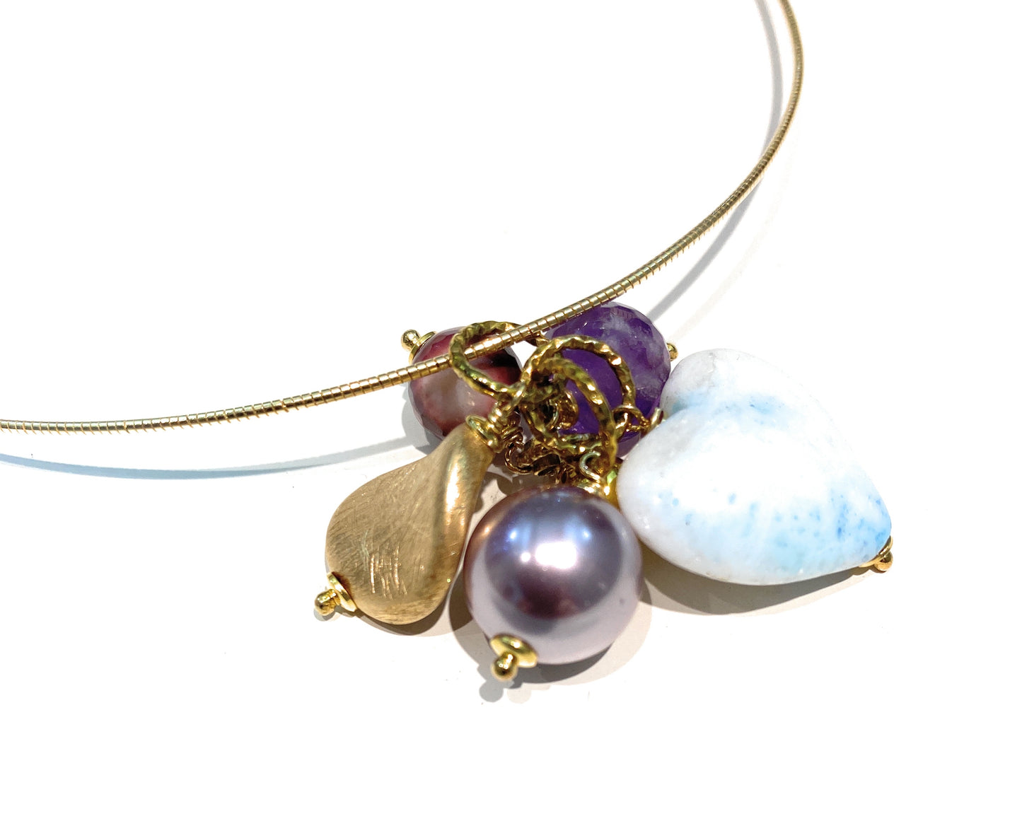 Collarino semi rigido cosa di topo pendente charms cuore ametista giada perla Maiorca lilla argento 925