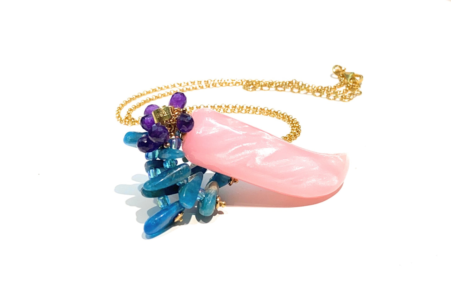 Collarino pendente corno madreperla rosa frange apatite azzurra gocce ametista maglia rolò argento sterling placcato oro giallo