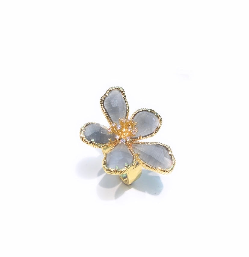Anello fiore occhio gatto grigio bronzo placcato oro giallo