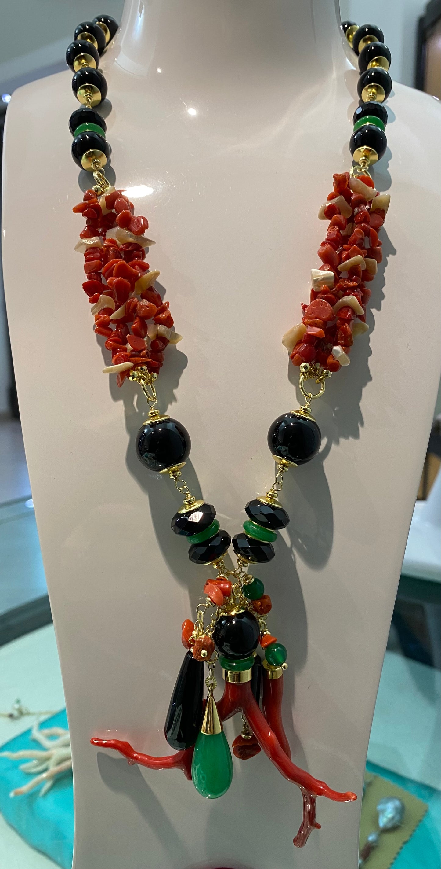 Collana agata verde corallo rosso frange onice lucido argento sterling