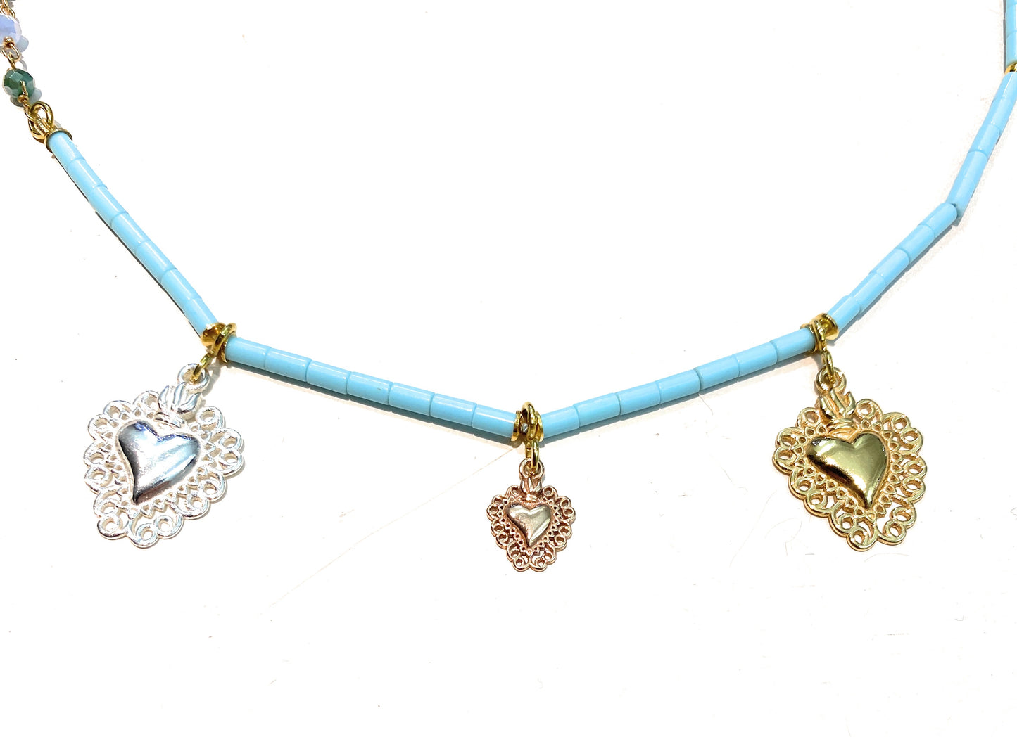Collarino diWa Jewels tubetto pasta turchese catena alternata pietre semi preziose e ematite turchese argento sterling con charms cuore